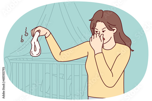Unhappy young mother close nose feeling disgust holding stinky baby diaper. Distressed mom disgusted with smelly child diaper. Vector illustration.