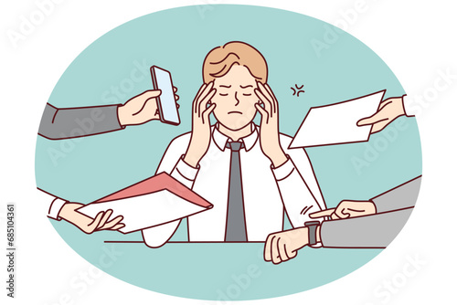 Annoyed businessman stressed with multiple hands giving papers and phones. Bothered male employee distressed with workload. Overwork. Vector illustration.
