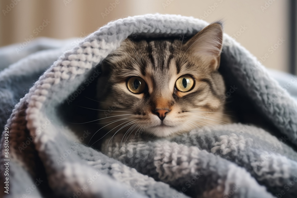 Tabby domestic cat hiding under blanket on bed at home	
