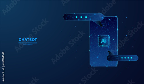 Abstract smartphone with artificial intelligence system on screen and command bar on dark blue background. Low poly wireframe style technology background.
