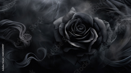 Black rose wrapped in black smoke swirl on dark background photo