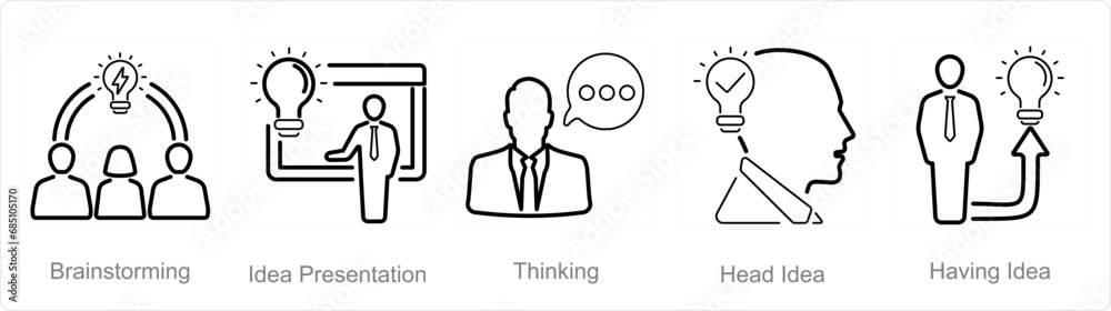 A set of 5 Idea icons as brainstorming, idea presentation, thinking