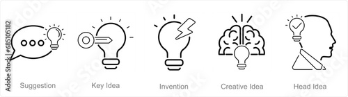 A set of 5 Idea icons as suggestion, key idea, invention