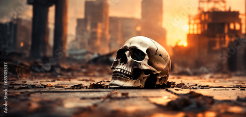 A skull in a post apocalyptic city with destroyed skyscrapers. photo