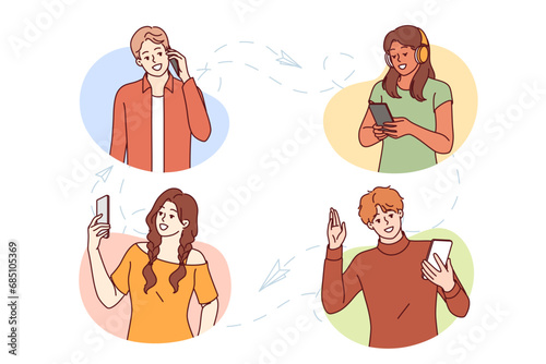 People use mobile phones to make calls and exchange messages or video communications via internet messengers. Young men and women with phones or smartphones visit online chat apps.