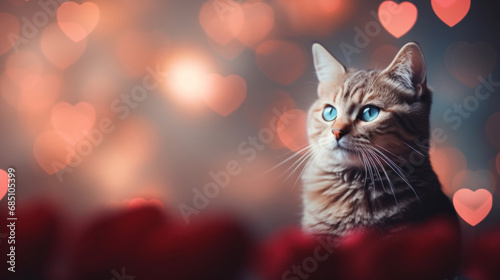 Cute cat on heart shape bokeh background