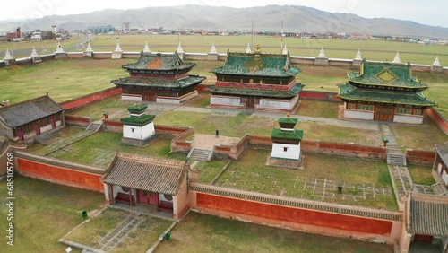 Aerial view of Erdene Zuu monastery. The monastery is affiliated with the Gelug sect of Tibetan Buddhism. Mongolia.05-02-2022 photo