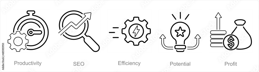 A set of 5 Increase Sale icons as productivity, seo, efficiency A set of 5 Increase Sale icons as productivity, seo, efficiency