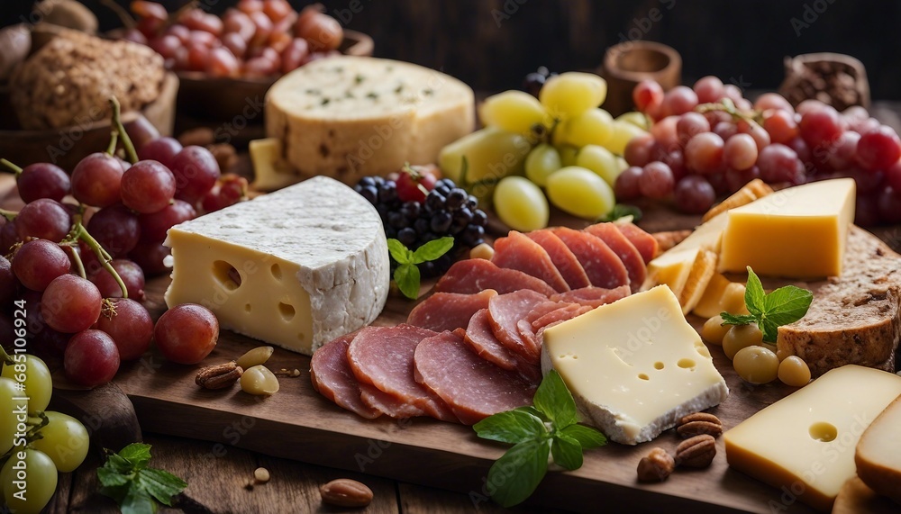 A charcuterie board filled with an array of artisanal cheeses, cured meats, and fresh fruits, A charcuterie board filled with an array of artisanal cheeses, cured meats, and fresh fruits,