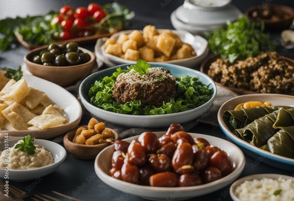 A spread of Mediterranean meze including hummus, tabbouleh, and stuffed grape leaves A spread of Mediterranean meze including hummus, tabbouleh, and stuffed grape leaves