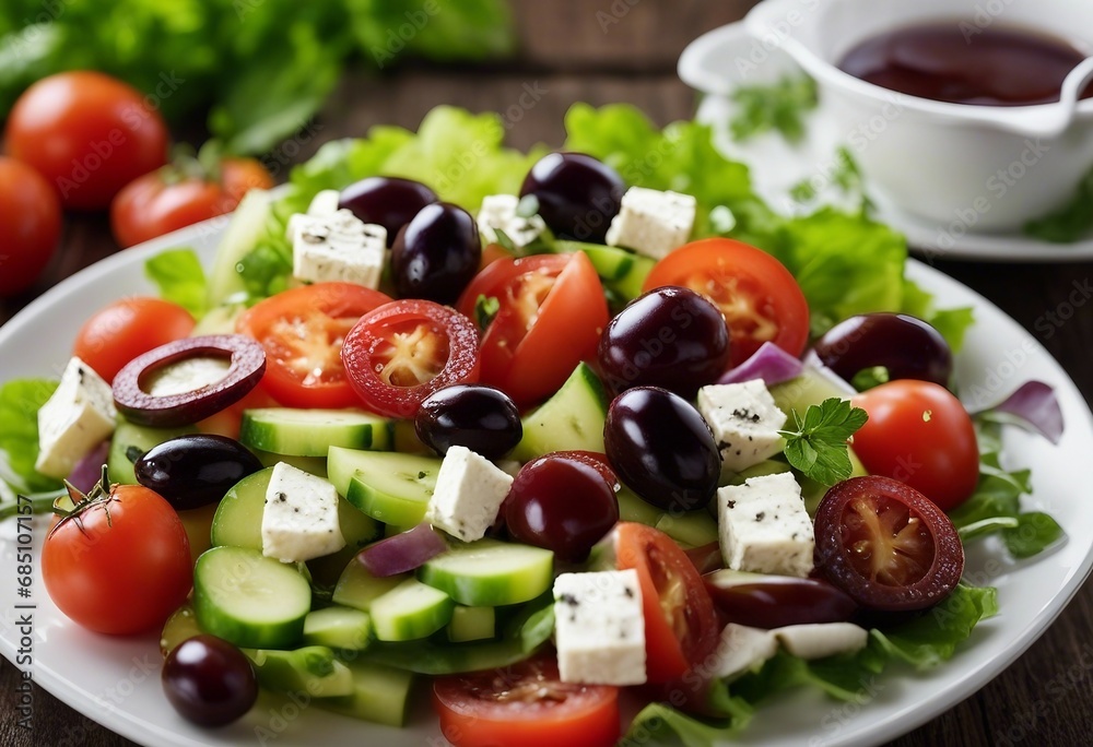 A traditional Greek salad with ripe tomatoes, cucumbers, feta cheese, and Kalamata olives