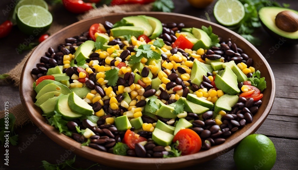 A vibrant Tex-Mex salad with black beans, corn, avocado, and a zesty lime dressing