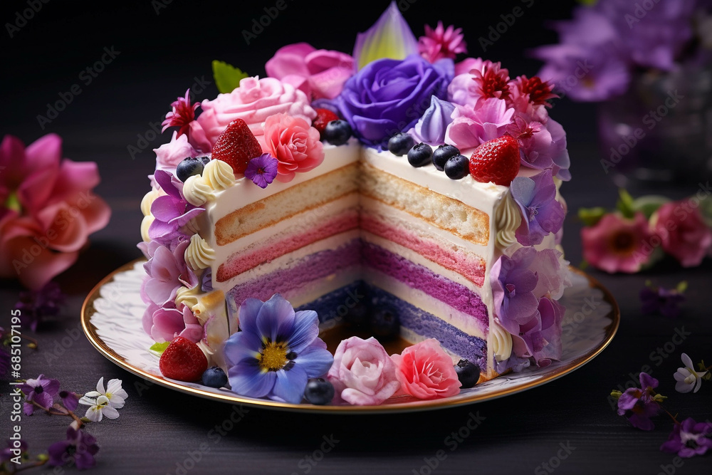 The cake with the beautiful flower pattern looks delicious.