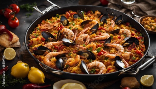 A rustic pan overflows with colorful paella, rich with seafood, chorizo, and vibrant spices