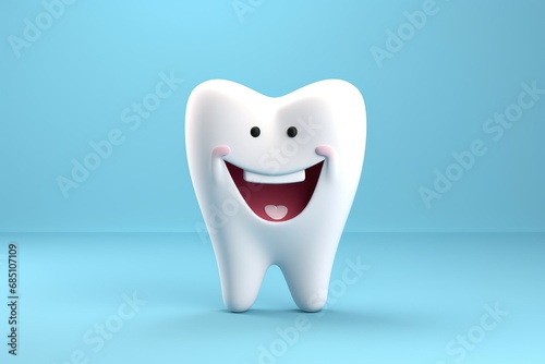 A happy tooth smiling happily on a blue monochrome background.