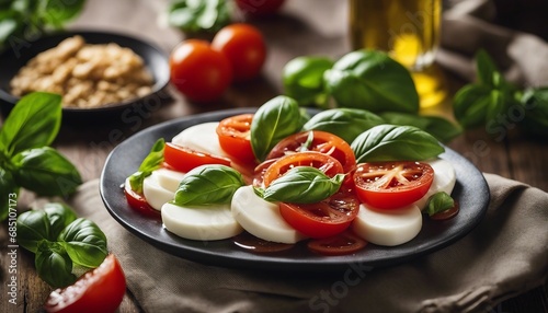A vibrant Caprese salad with ripe tomatoes, fresh mozzarella, and basil, drizzled with extra virgin