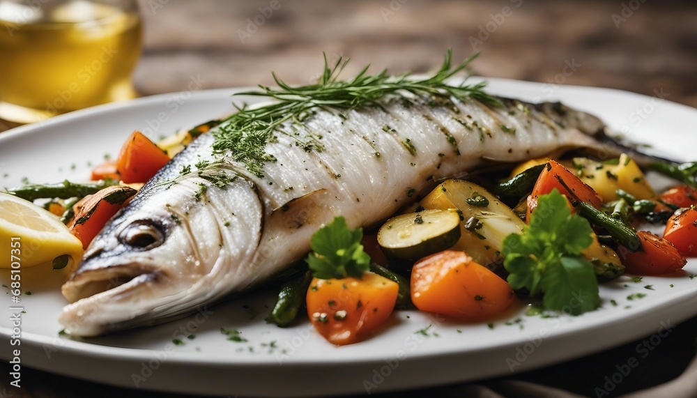 Grilled branzino with a lemon herb dressing, presented on a bed of roasted vegetables Grilled branzino with a lemon herb dressing, presented on a bed of roasted vegetables