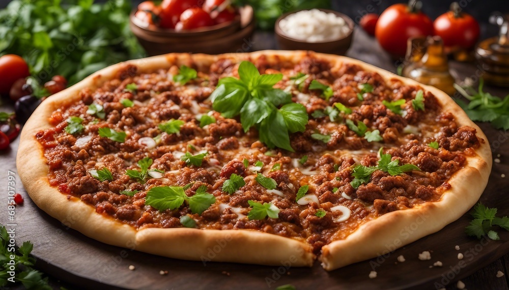  Lahmacun Thin, crispy Turkish pizza topped with minced meat and herbs