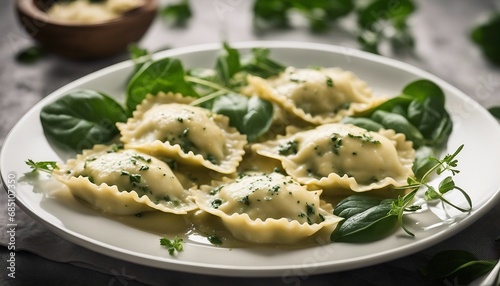 Freshly made ravioli stuffed with ricotta and spinach, served in a butter sage sauce photo
