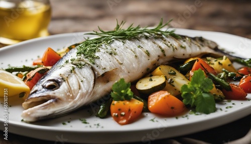 Grilled branzino with a lemon herb dressing, presented on a bed of roasted vegetables