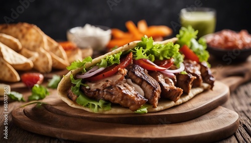 Gyro Rotisserie-grilled meat typically served in a pita with sauce and garnishes