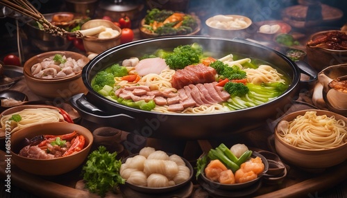 Hot Pot A bubbling hot pot with an assortment of meats, vegetables, and noodles