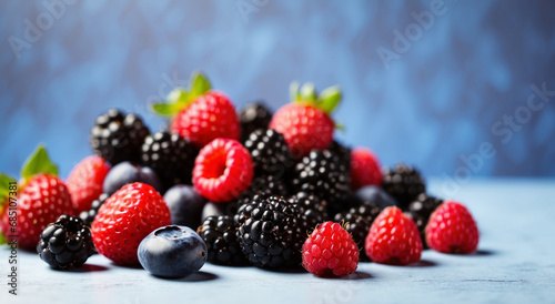 Blueberries, blackberries, raspberries, strawberries advertisement background with space for text at the side - AI Generative
