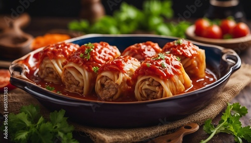 Holubtsi Cabbage rolls stuffed with rice and meat, simmered in tomato sauce photo