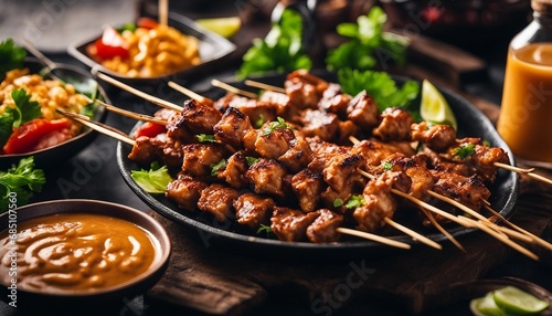 Satay Grilled meat skewers with a peanut dipping sauce,