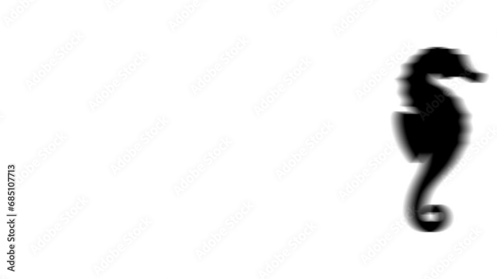 Animation set, sea horse symbol. Animations: transparency, zooms, transition top to down, transition left to right, slide up to down, slide left to right