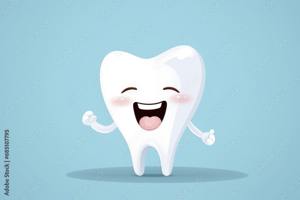 A happy tooth smiling happily on a blue monochrome background. A happy tooth smiling happily on a blue monochrome background.