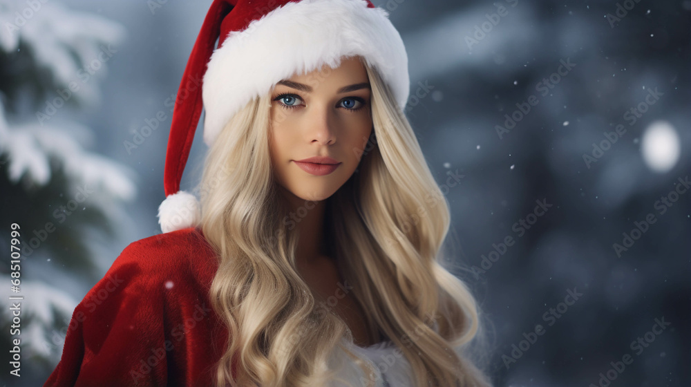 A young woman dresses in a Christmas costume for the Christmas festival. A young woman dresses in a Christmas costume for the Christmas festival.