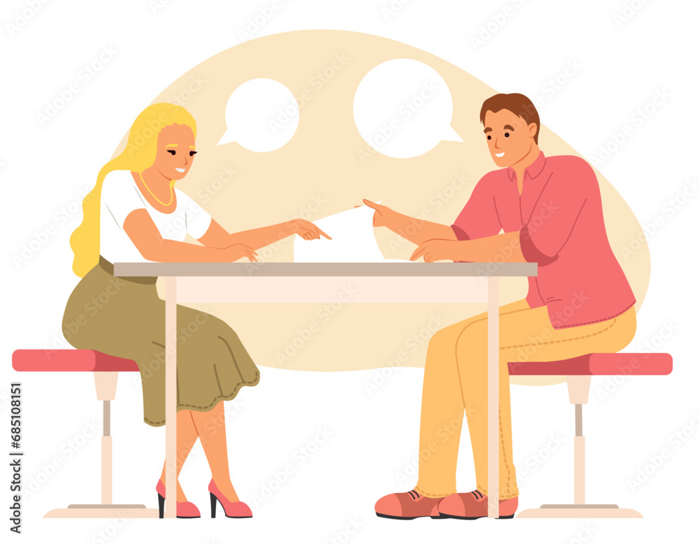 Pensive couple making decision, brainstorming and planning vector illustration