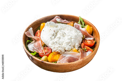 Italian tomatoes and burrata cheese salad with arugula, prosciutto ham and olives. Transparent background. Isolated.