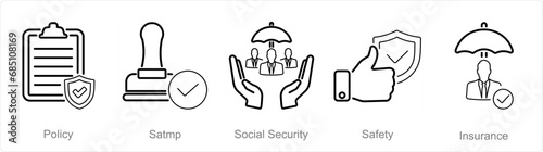 A set of 5 Insurance icons as policy, stamp, social security