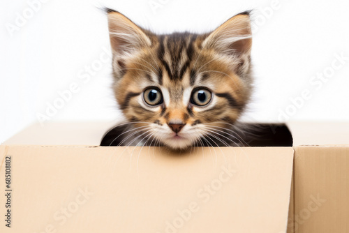 Gatito adorable en una caja de cartón.