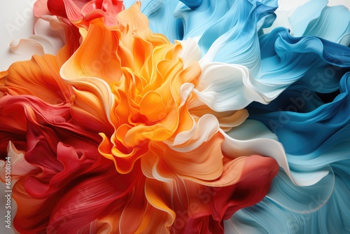 Flowing fabric of vibrant blue, red, orange, and white hues, creating an abstract and dynamic visual wave