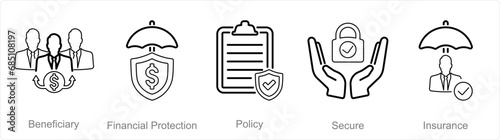 A set of 5 Insurance icons as beneficiary, financial protection, policy
