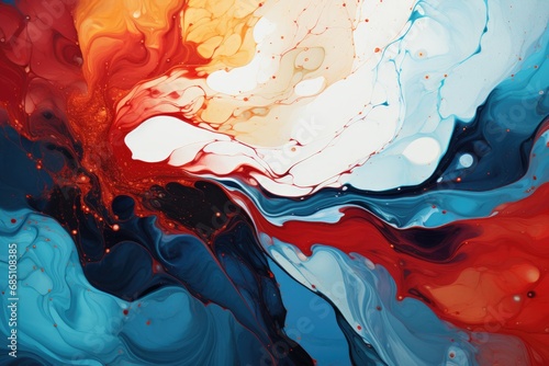 Dynamic fluid art with swirling blues, reds, and creams, dotted with cells, creating an abstract organic tapestry
