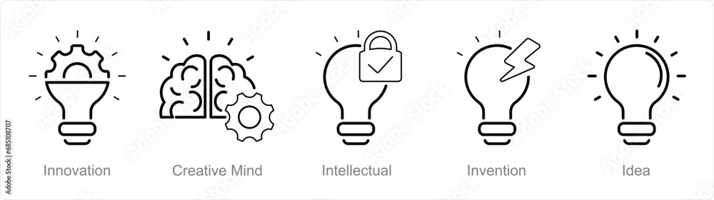 A set of 5 Intellectual Property icons as innovation, creative mind, intellectual A set of 5 Intellectual Property icons as innovation, creative mind, intellectual