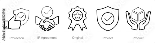 A set of 5 Intellectual Property icons as protection, ip agreement, original