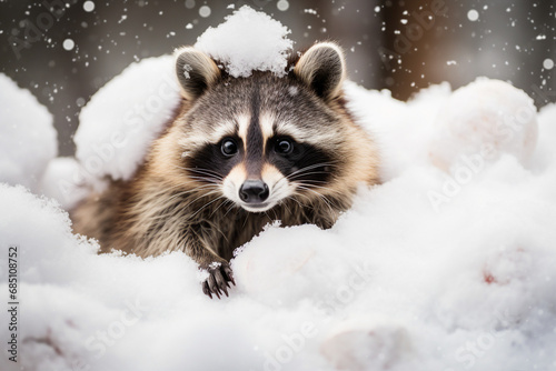 Winter leisure time active funny happy racoon sitting in snow Generative AI