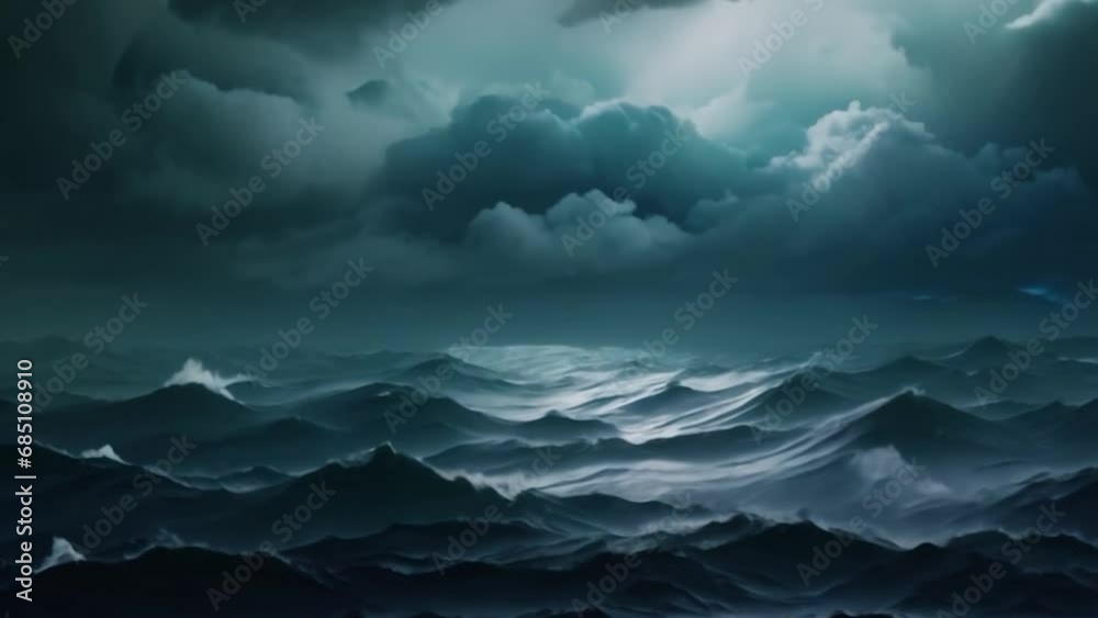 A dark and dramatic ocean scene with waves and clouds during a storm. Wide view of the ocean, with the sky covered with stormy clouds for an epic background in slow motion
