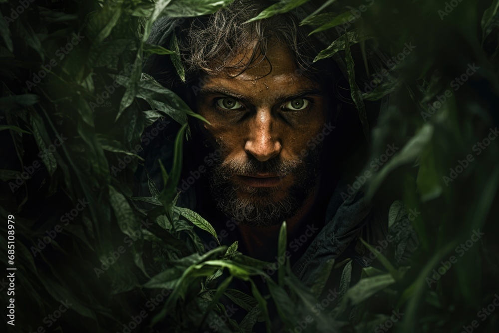 Portrait of a man between leaves. Generative ai Portrait of a man between leaves. Generative ai