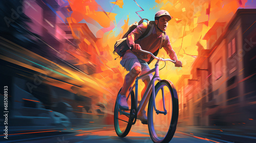 Young man riding a bicycle with a colorful energy