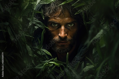 Portrait of a man between leaves. Generative ai photo