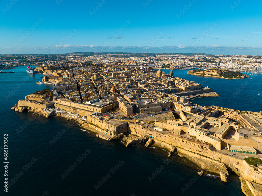 Valletta City in Malta Aerial Drone Photography. A drone's perspective captures the historic grandeur and coastal charm