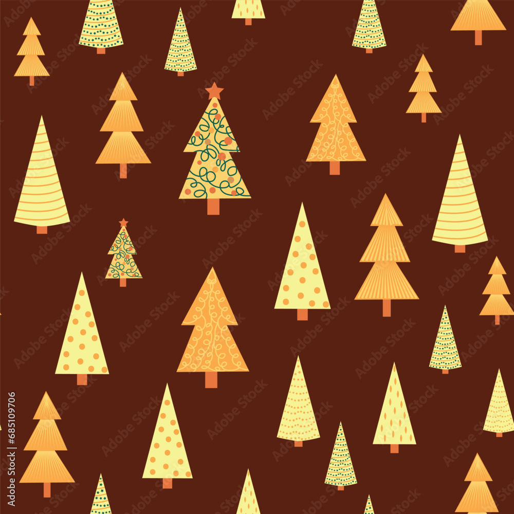Christmas tree dense seamless pattern. golden christmas background, golden noel print, wrapping paper design Christmas tree dense seamless pattern. golden christmas background, golden noel print, wrapping paper design