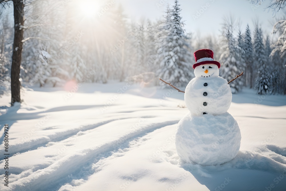Smiling snowman. The winter background is adorned with shimmering gold confetti, adding a touch of elegance to this playful New Year mockup. Smiling snowman. The winter background is adorned with shimmering gold confetti, adding a touch of elegance to this playful New Year mockup.