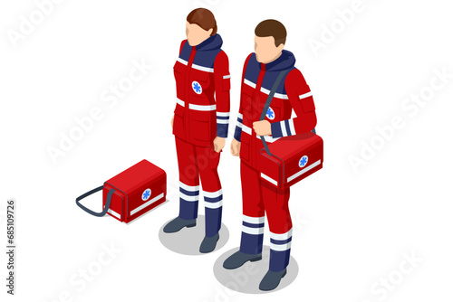 Isometric Paramedics man and woman dressed in uniform. Male and female emergency medical serviice employee.